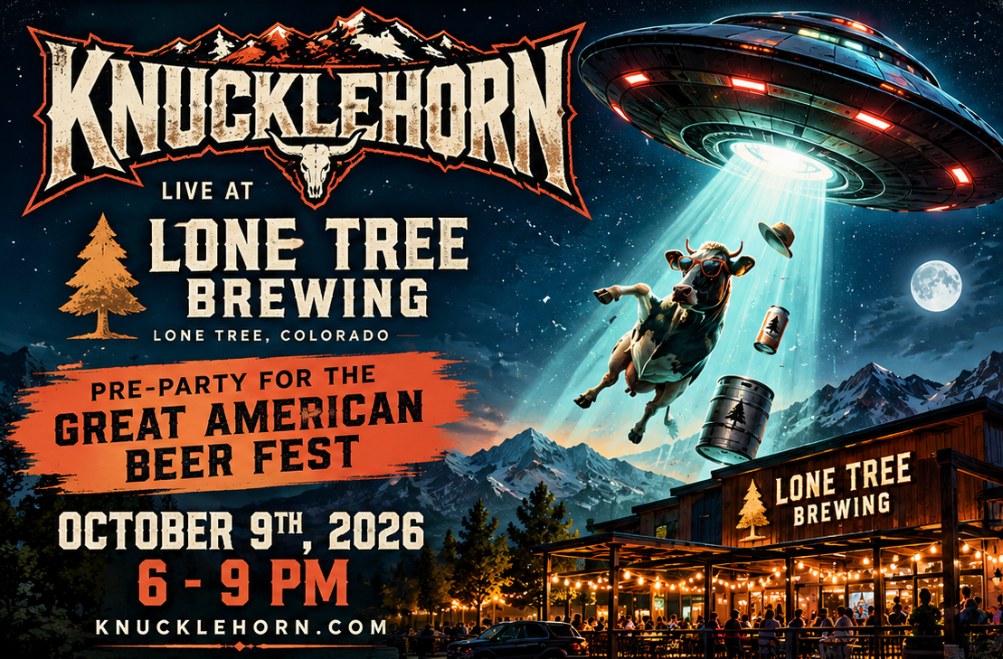 Poster: Knucklehorn live at Lone Tree Brewing, Lone Tree, Colorado, 9 October 2026, 6 to 9pm — pre-party for the Great American Beer Fest